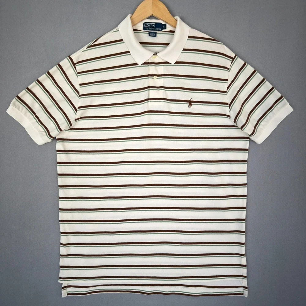 Polo Ralph Lauren Men's XL Striped Cotton Pique Polo Shirt White Brown Green